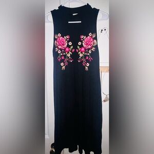 Ginger G Black Midi Dress with Pink Floral Embroidery